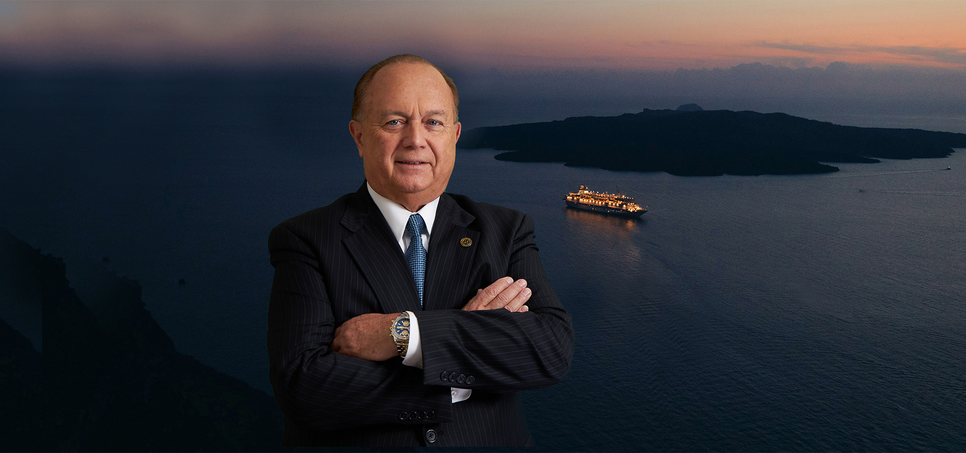 Robert Gardana with cruise ship near an island.